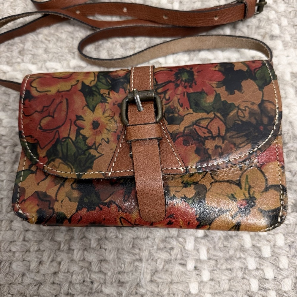 Patricia Nash Floral Leather Crossbody Bag Flap‎ Buckle Brown Red Boho  Handbag